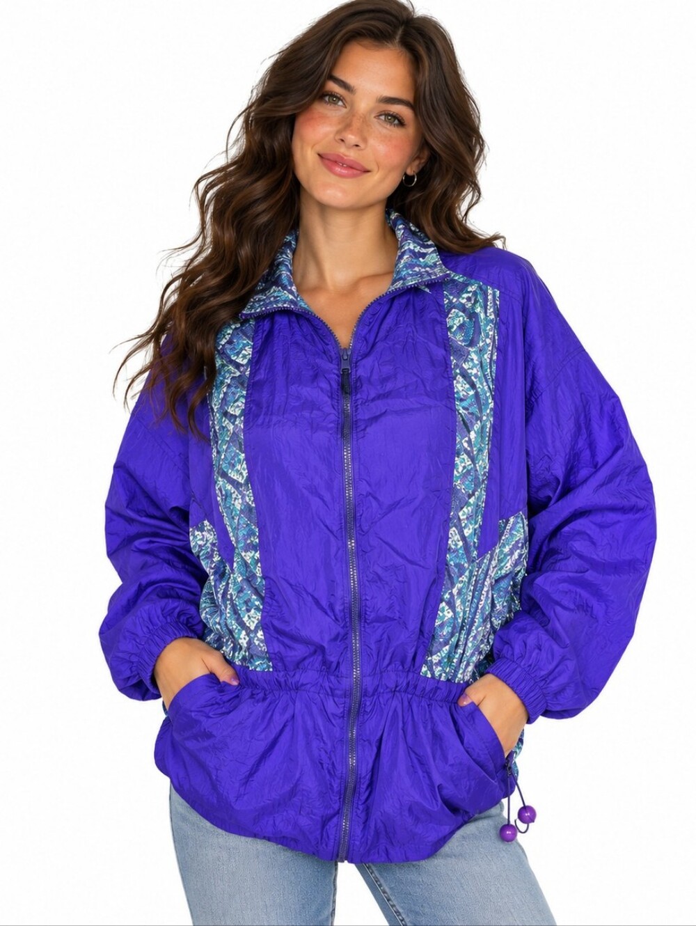 Vintage 90s Purple Windbreaker Jacket L Colorblock Nylon Retro Track